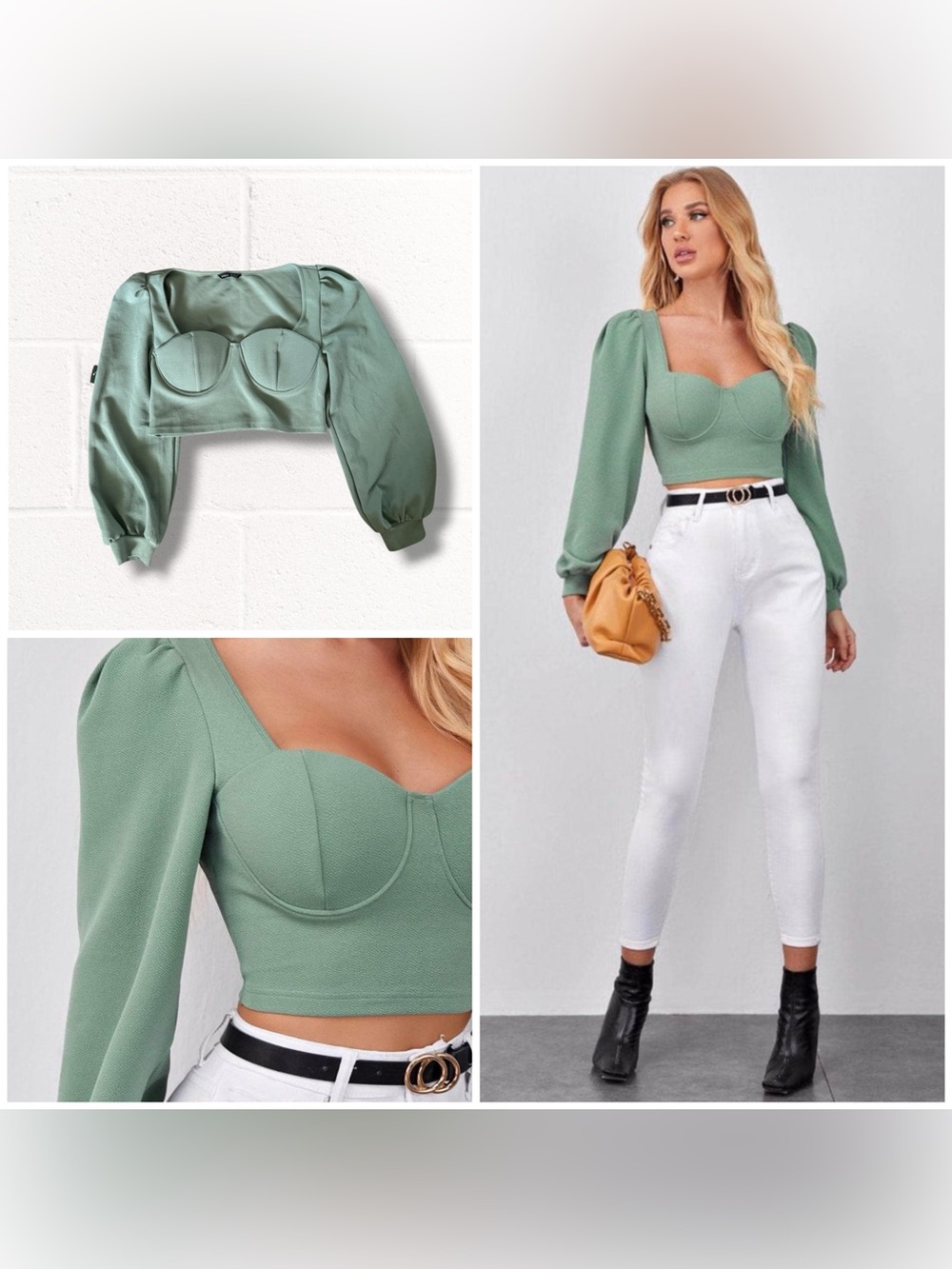 SHEIN Firerie Green Textured Seeetheart Neckline Crop Top with Puff Sleeves, XL